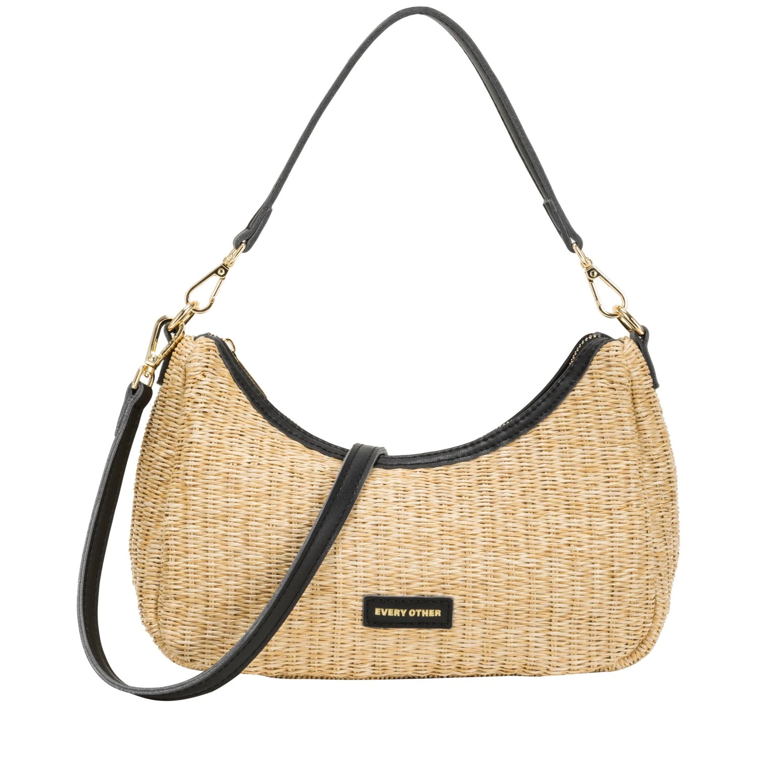 Curved Top Woven Baguette Bag in Black