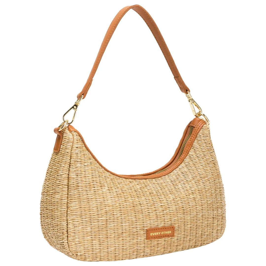 Curved Top Woven Baguette Bag in Tan