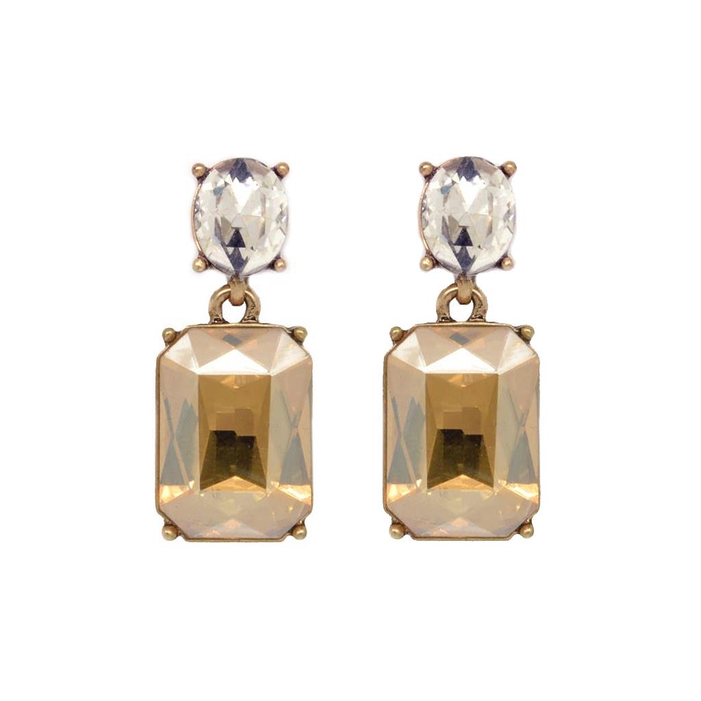 Kara Twin Gem Crystal Earrings in Antique Gold with Amber and Clear