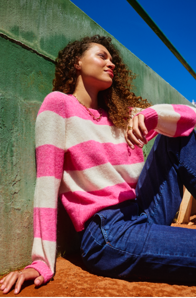 Numph Nuriette Big Stripe Knit in Pink Cosmos