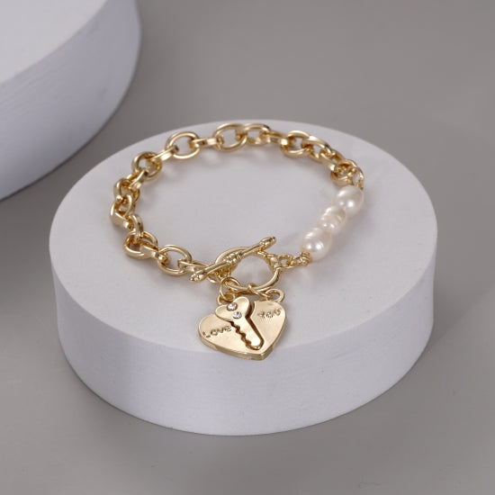 Karma Link Bracelet with Heart &amp; Key Charm in Gold