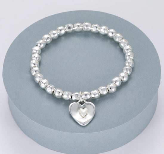 Torre Chunky Bead Heart Charm Bracelet in Silver