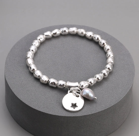 Pippa Beaded Silver Beaded Bracelet with Disc Charm and Pearl