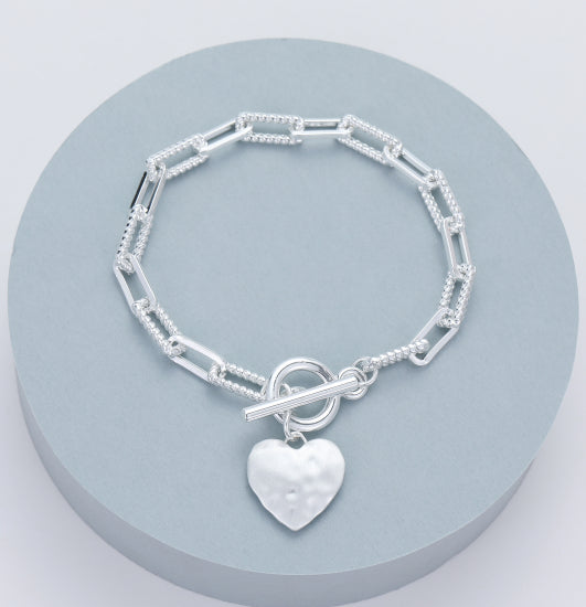 Mia Bracelet with T-Bar Fastening and Heart Charm in Silver