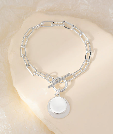 Poppy Link Bracelet with T-Bar Fastening and Double Disc Charm in Silver