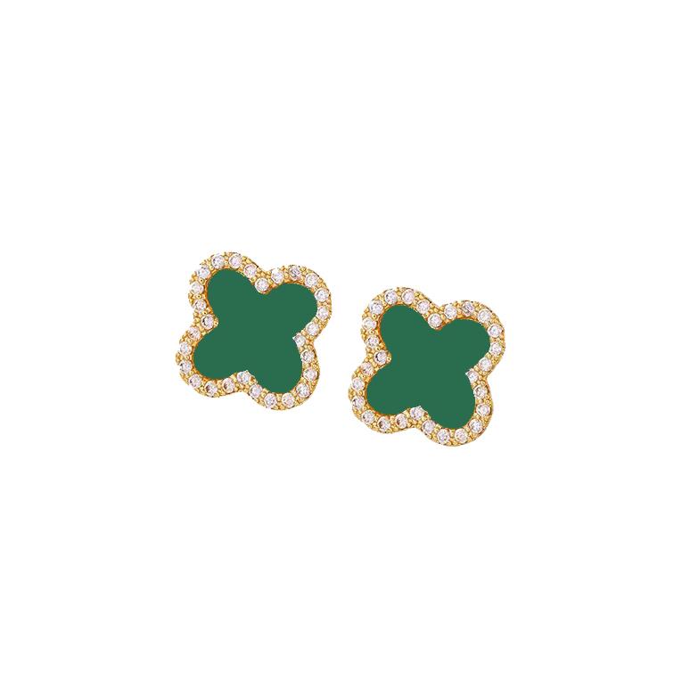 Green Clover Stud Earrings In Gold with Sparkle