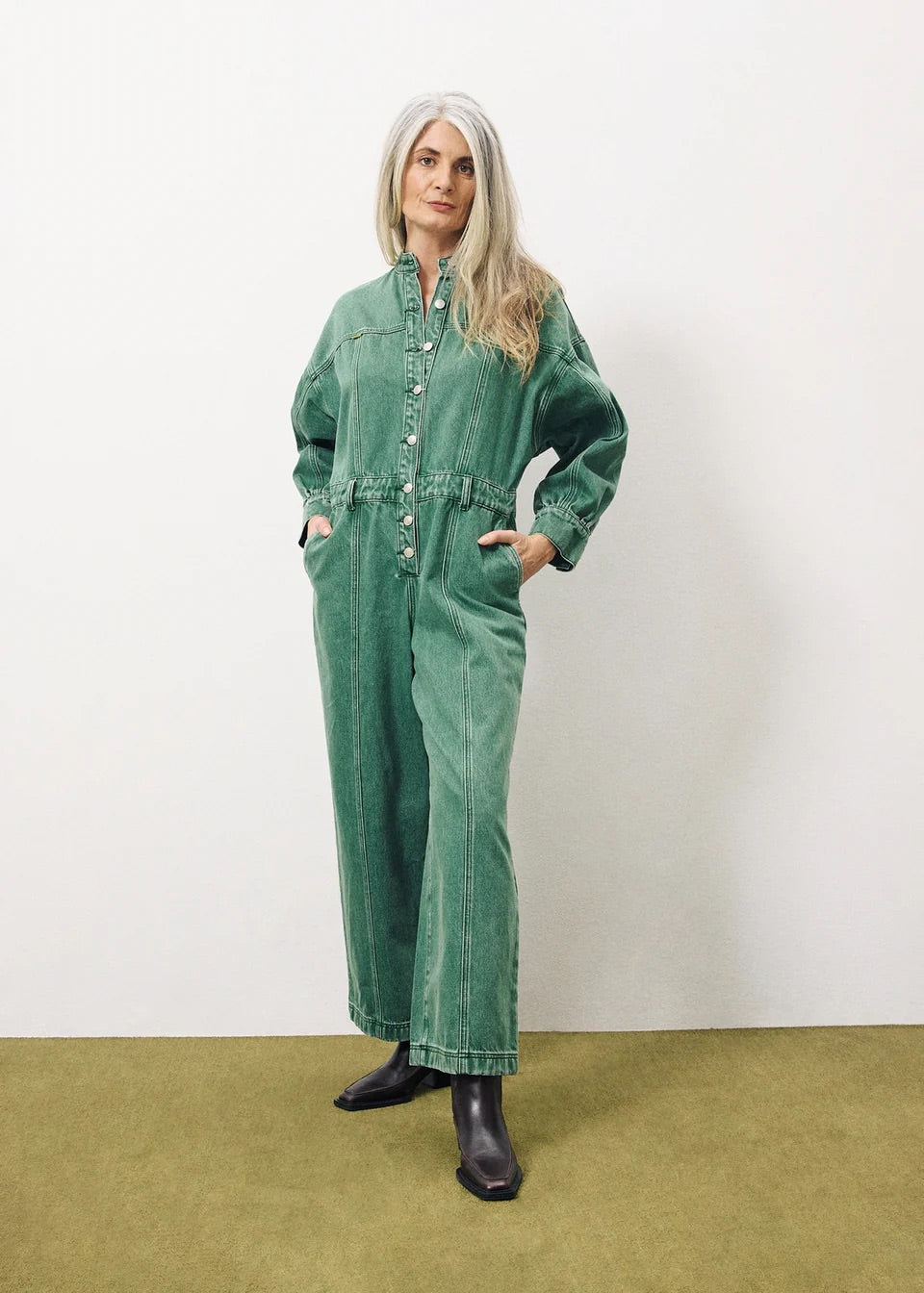 Frnch Evaelle Denim Jumpsuit in Vert Green