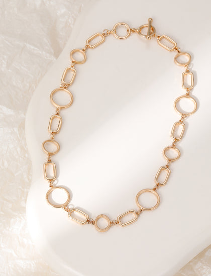 Rosie Necklace with Circles and Rectangular Loops in Gold